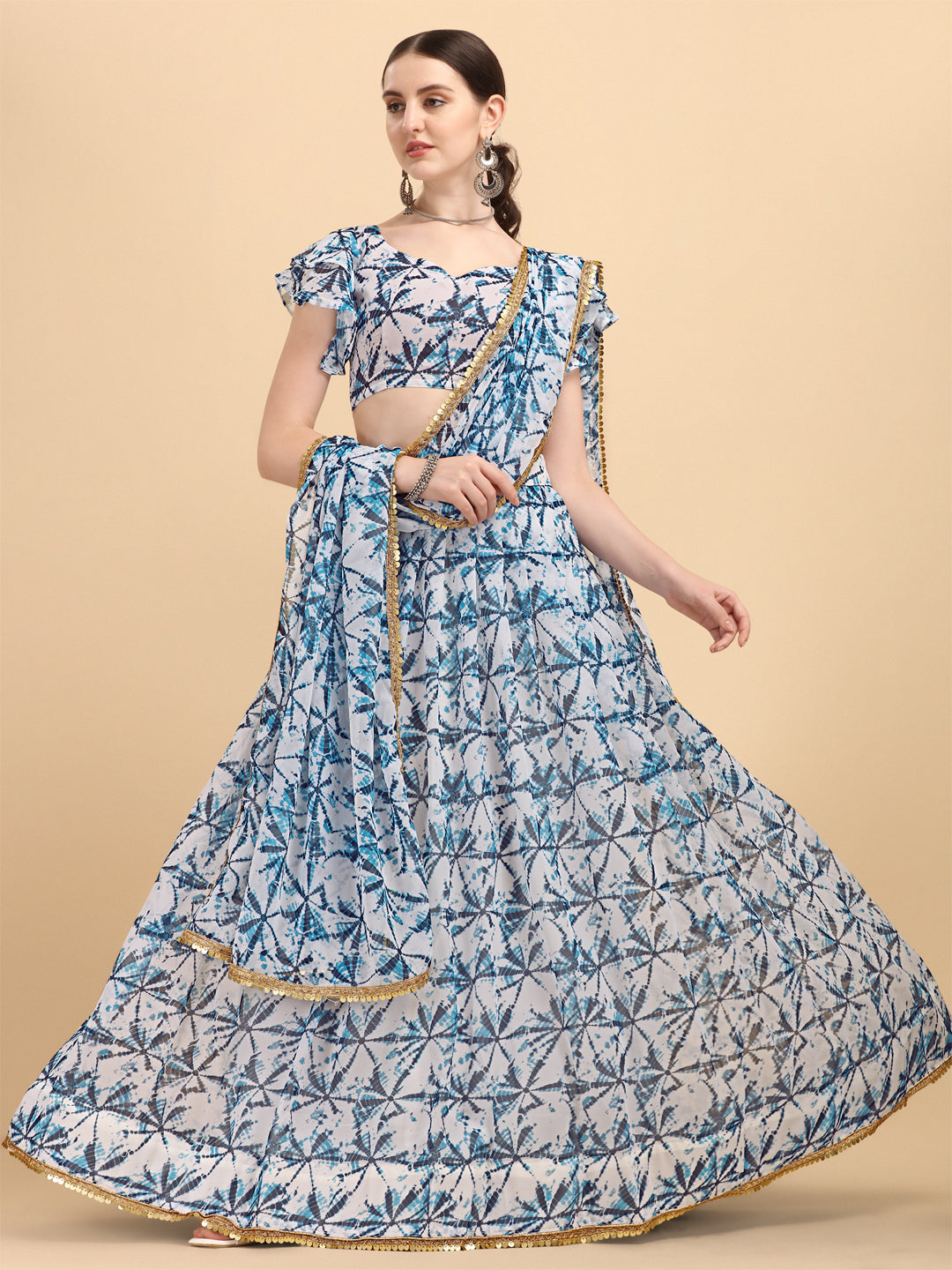 Shibori Print White With Blue Color Beautiful Lehenga Choli