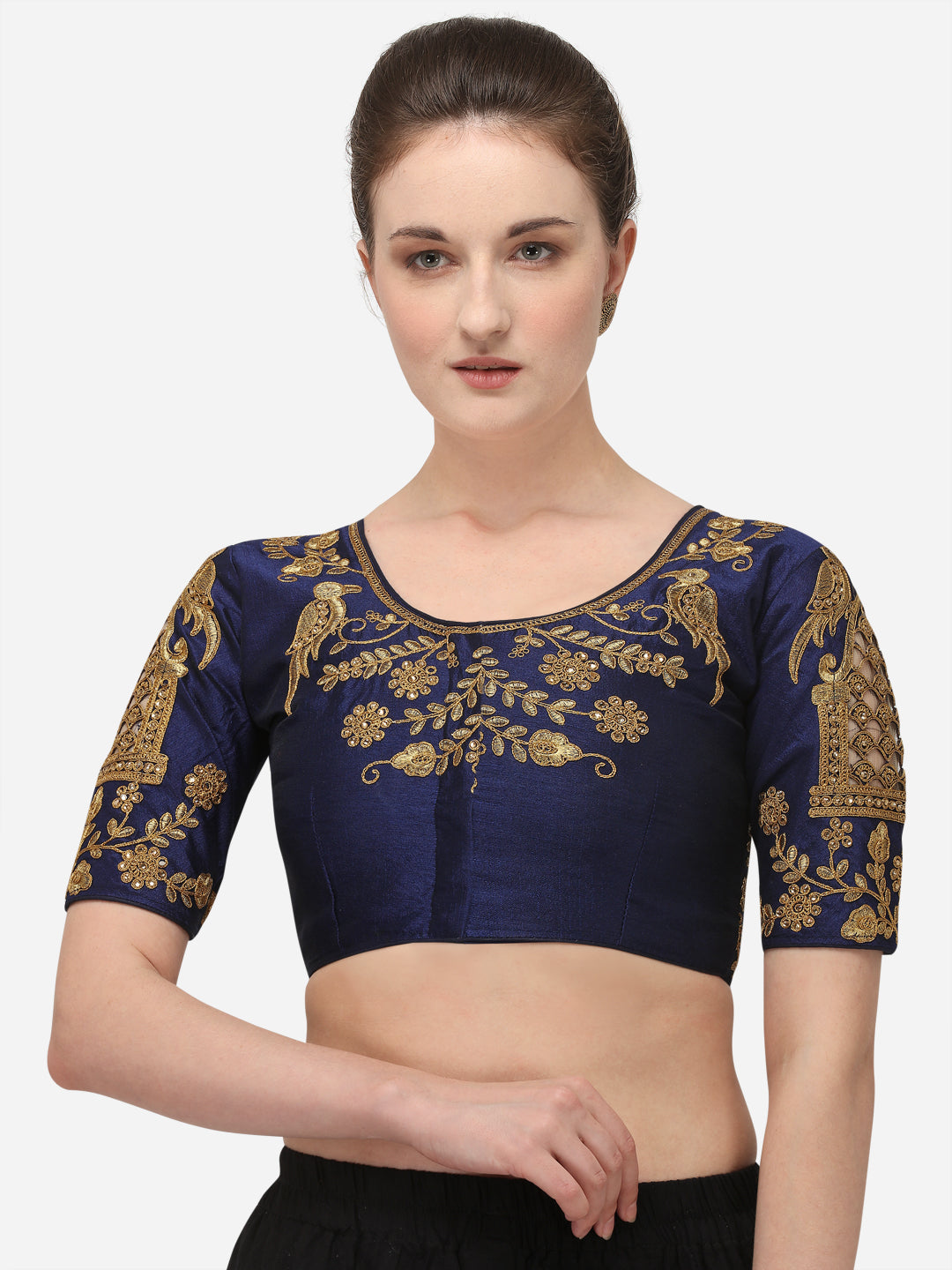 Navy Blue Color Birds Design Embroidered Blouse