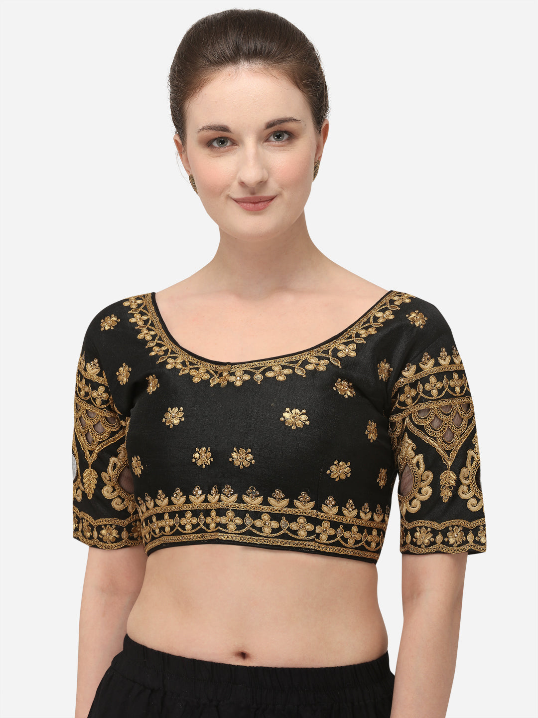 Black Color Round Neck Embroidery Work Silk Blouse