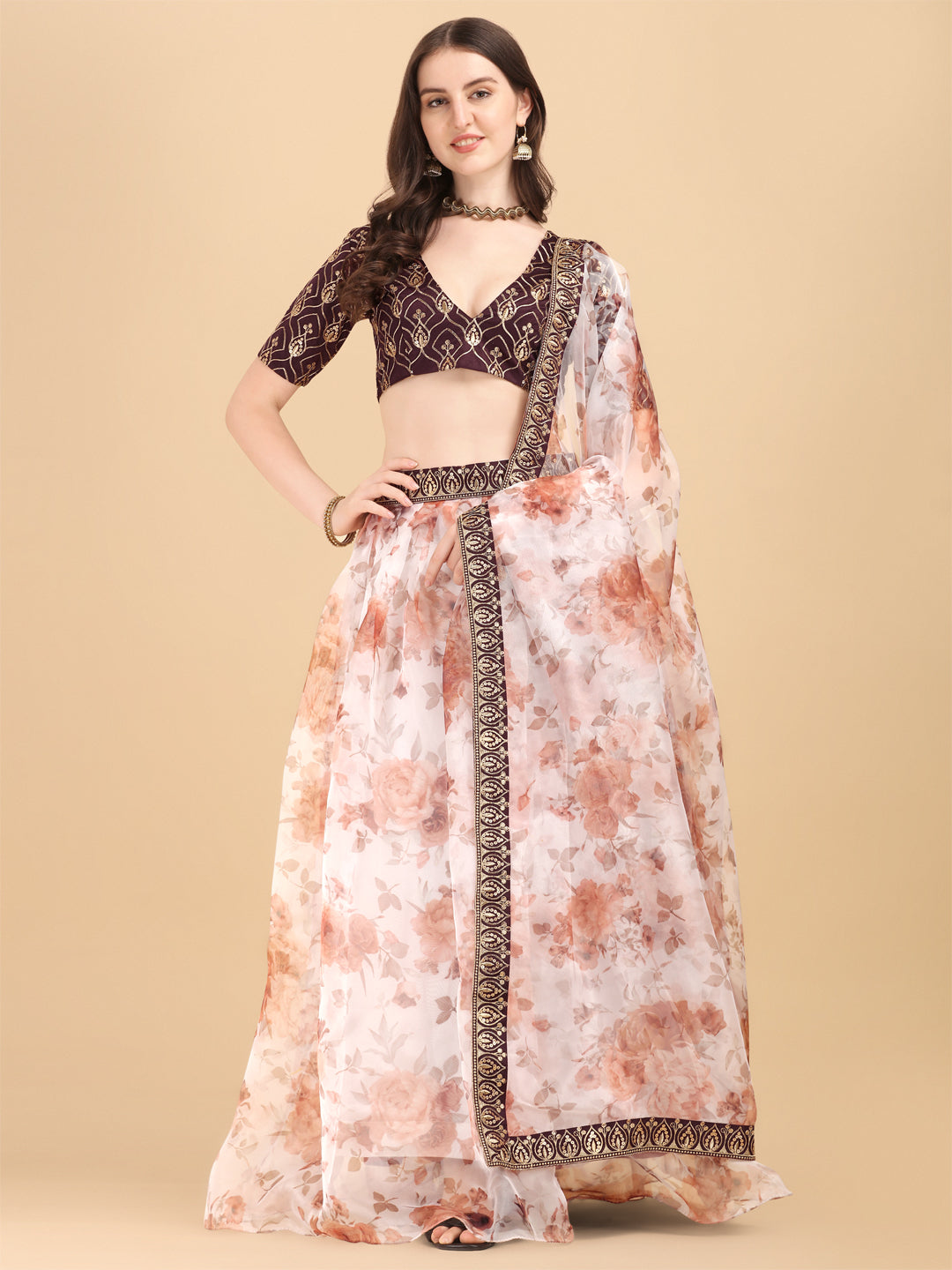 Organza White & Coffe Color Printed Lehenga Choli