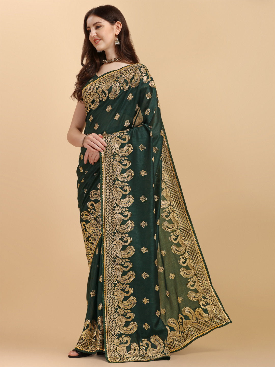 Attractive Bottle Green Color Embroidered Saree