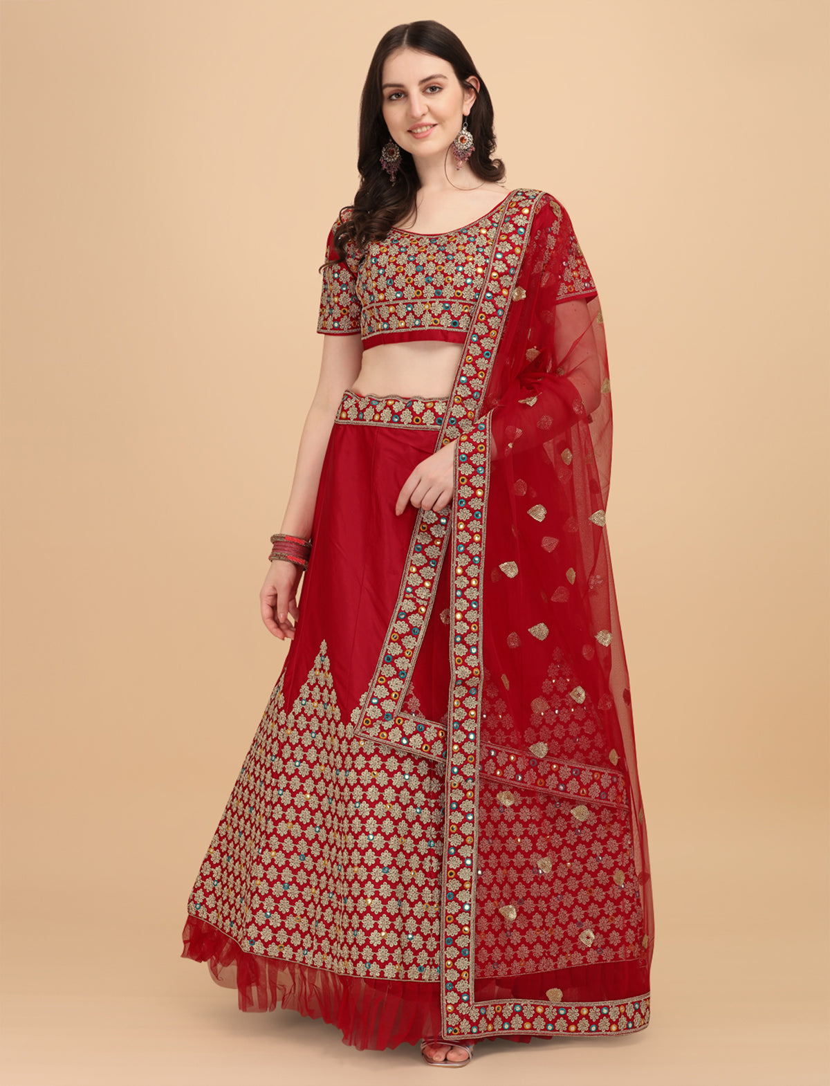 Mirror Embroidery Work Red Color Lehenga Choli