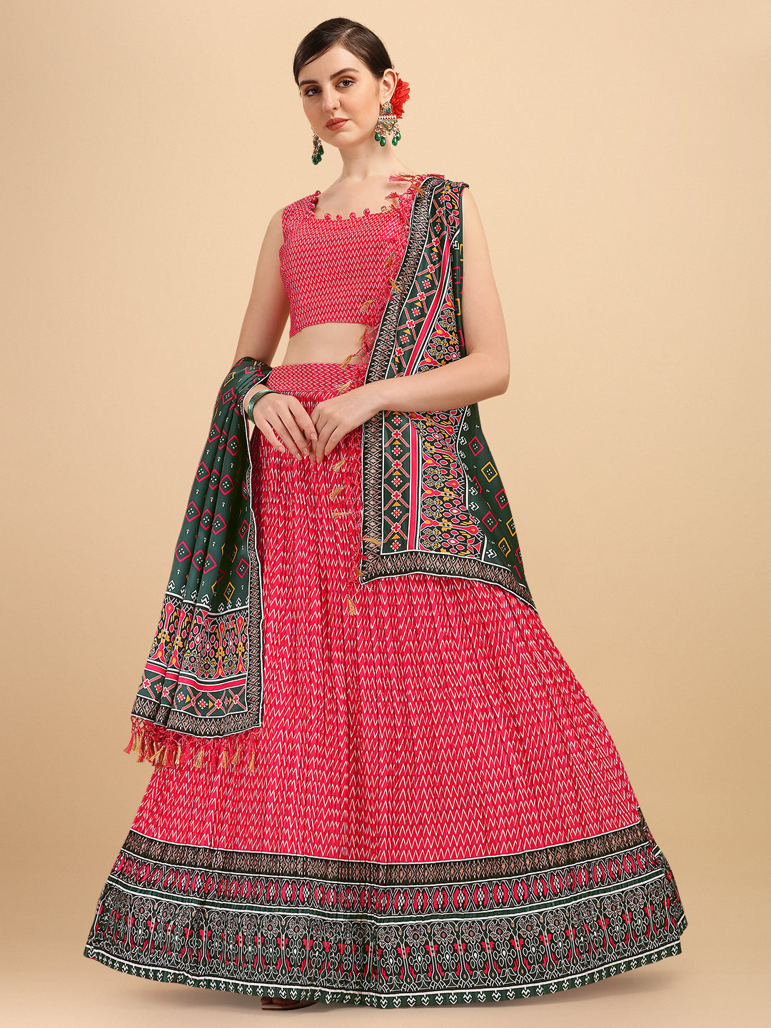 Digital Printed Pink & Dark Green Color Crushed Lehenga Choli