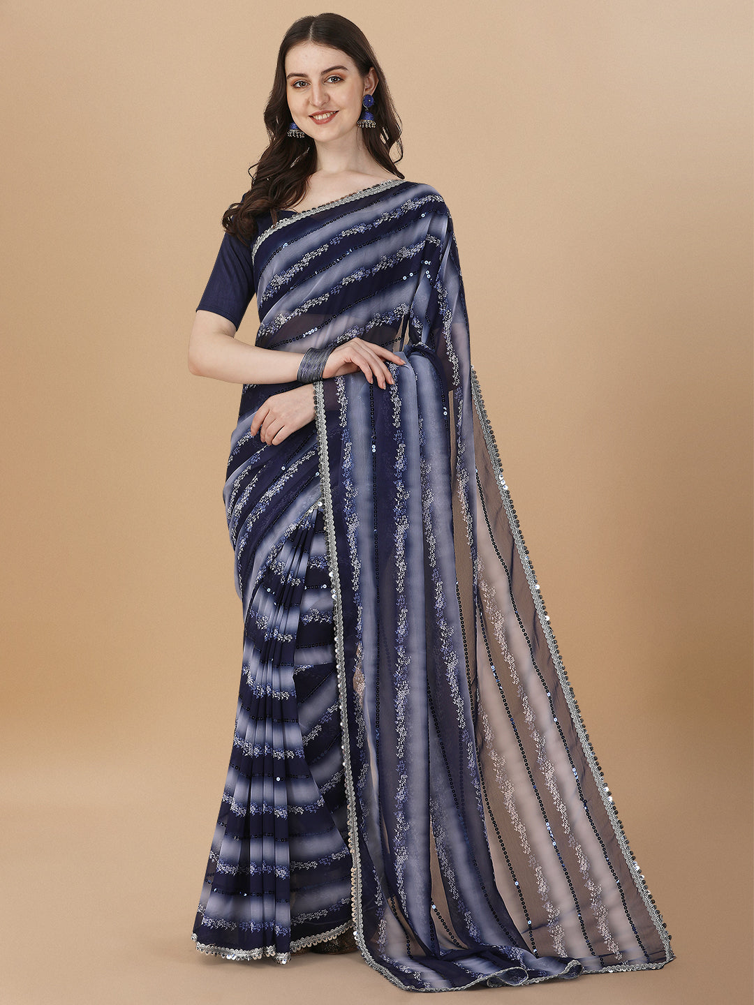 Superhit Sequence Embroidered Printed Navy Blue Saree