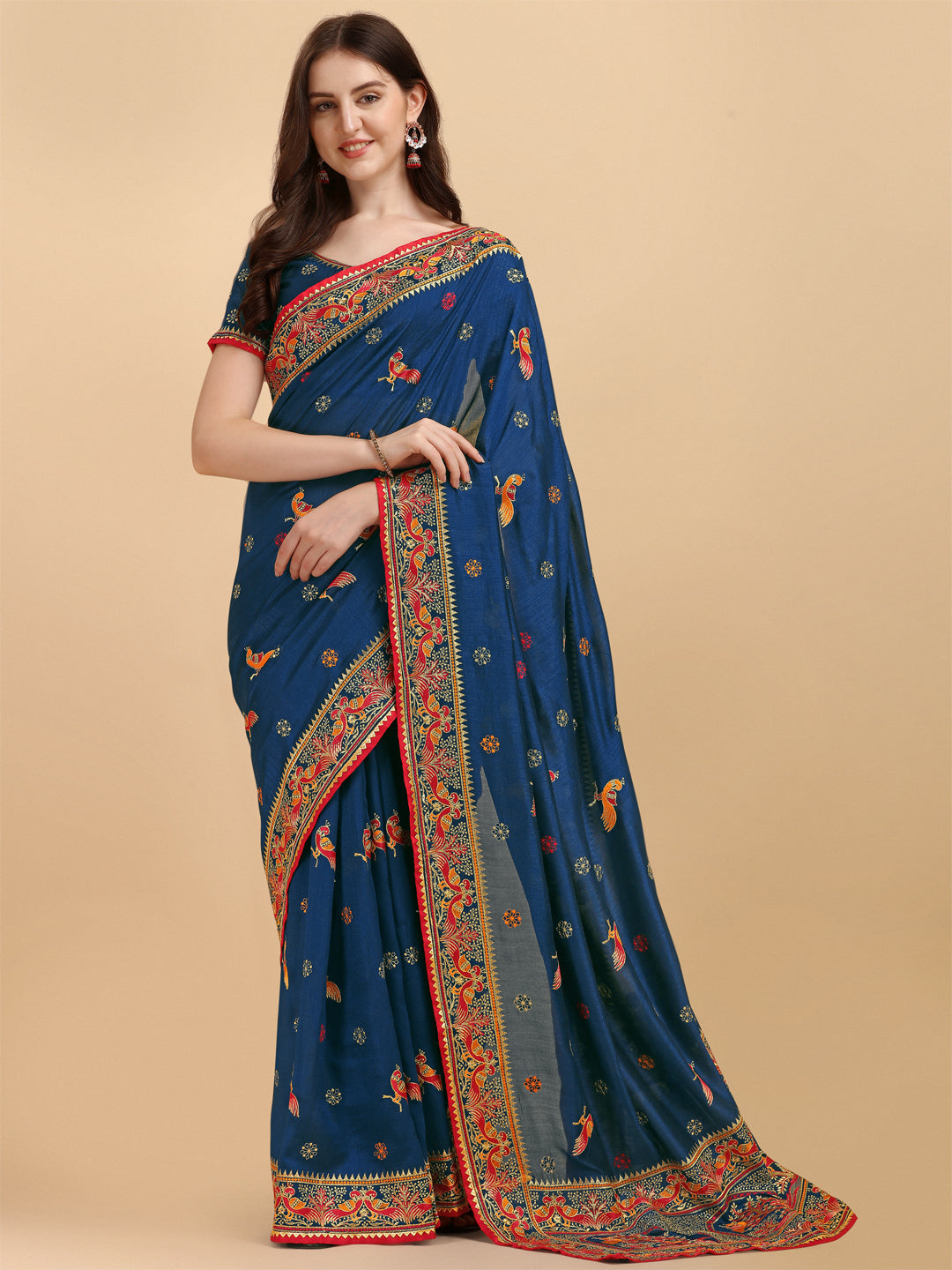 Beautiful Navy Blue Color Embroidered Work Saree