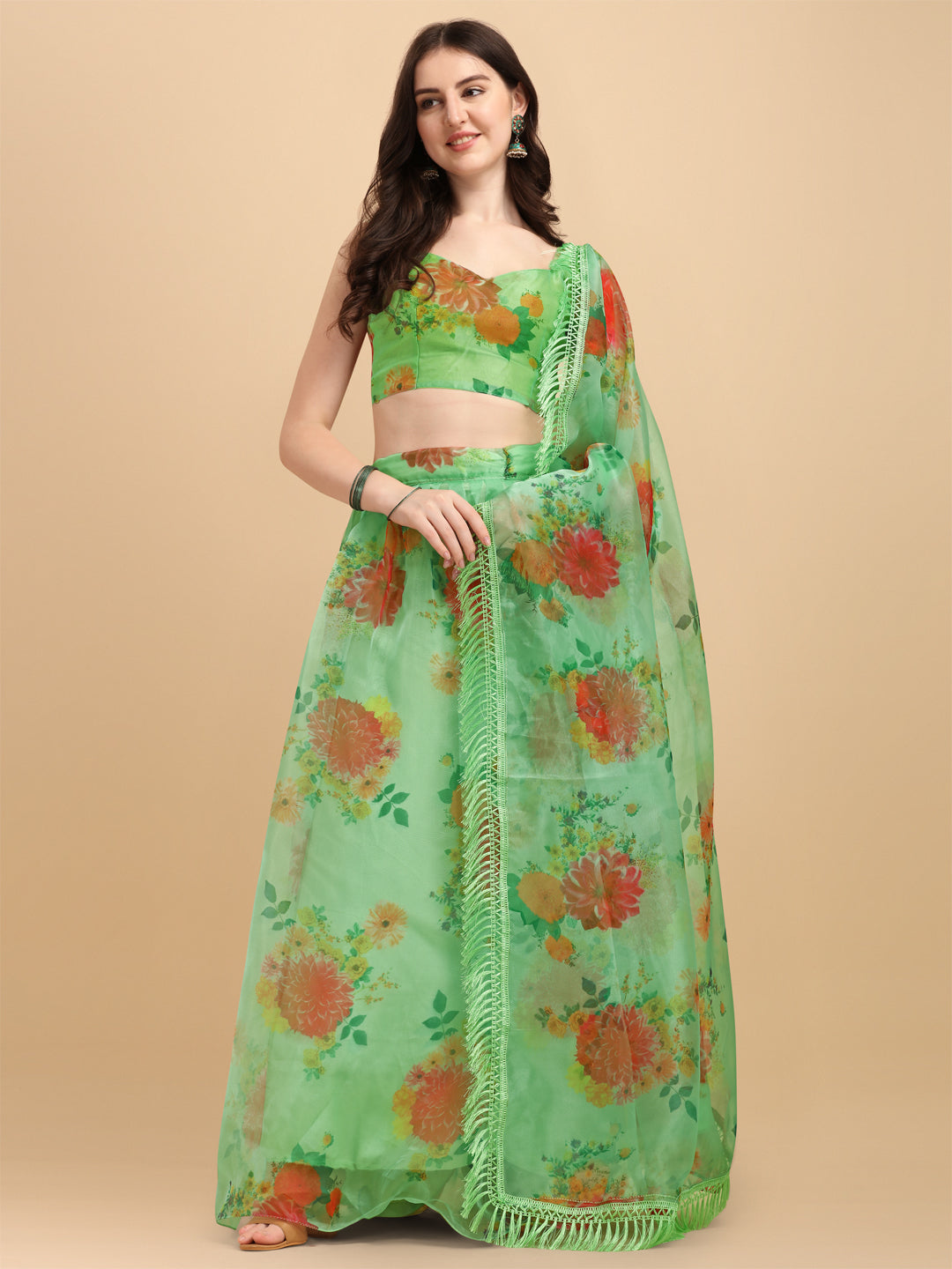 Green Color Beautiful Printed Organza Lehenga Choli