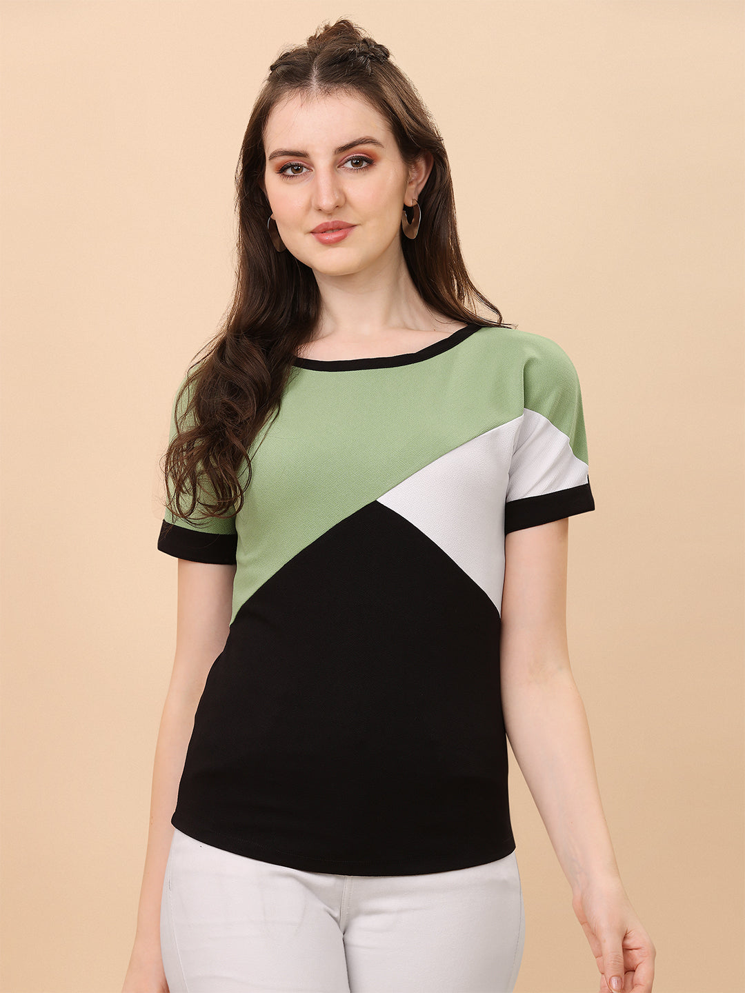 Round Neck Black And Pista Regular Fit Top