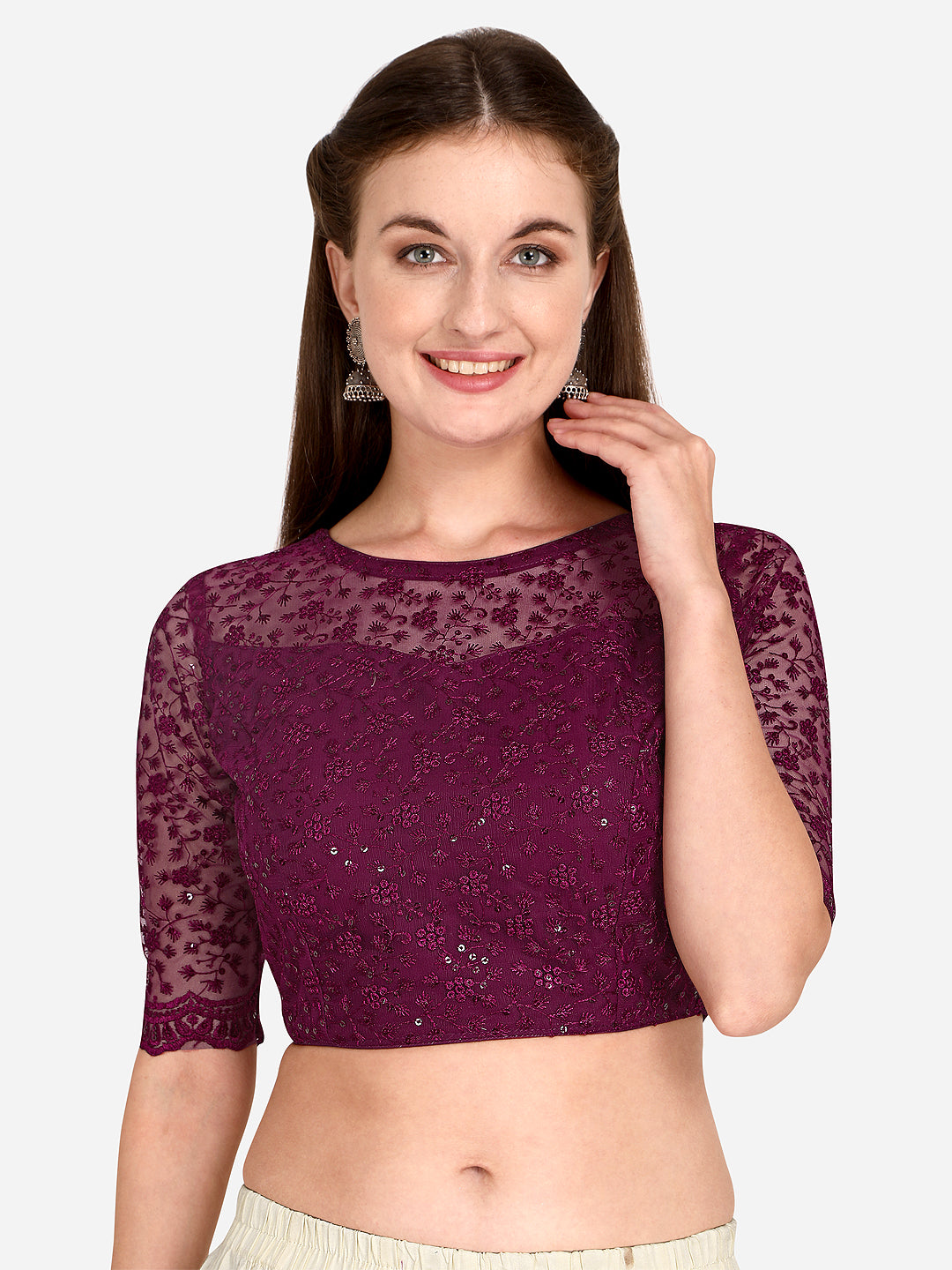 Stylish Purple Color Embroidered & Sequence Work Net Blouse