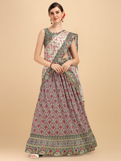 Digital Printed Light Green Color Crushed Lehenga Choli