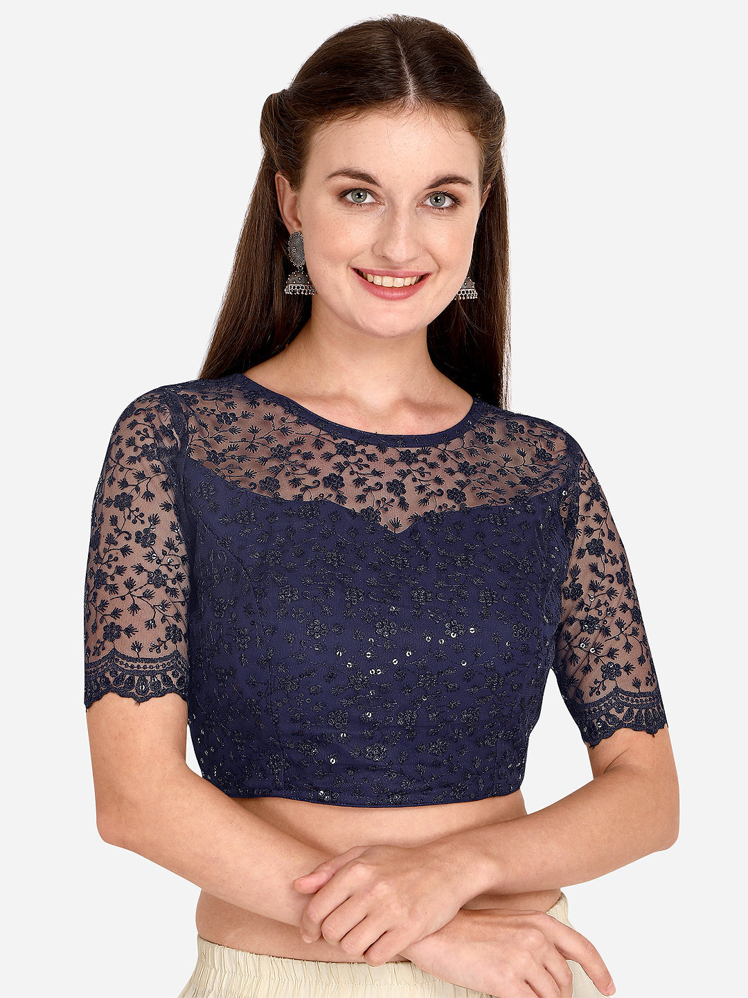 Stylish Navy Blue Color Embroidered & Sequence Work Net Blouse