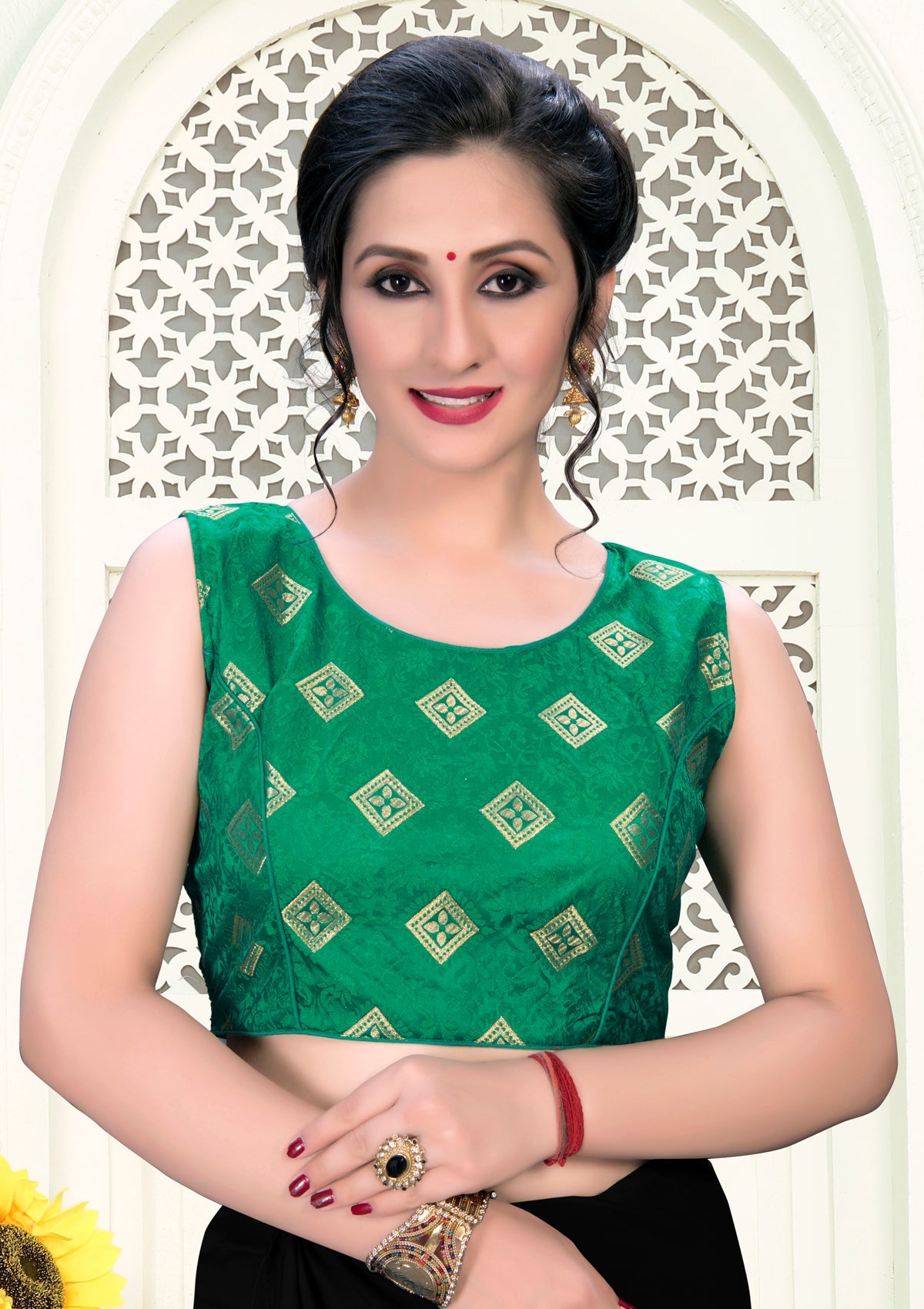 Fancy Elegant Green color Jacquard Round Neck Stitched Blouse