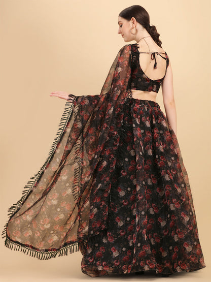 Awesome Printed Black Color Organza Lehenga Choli