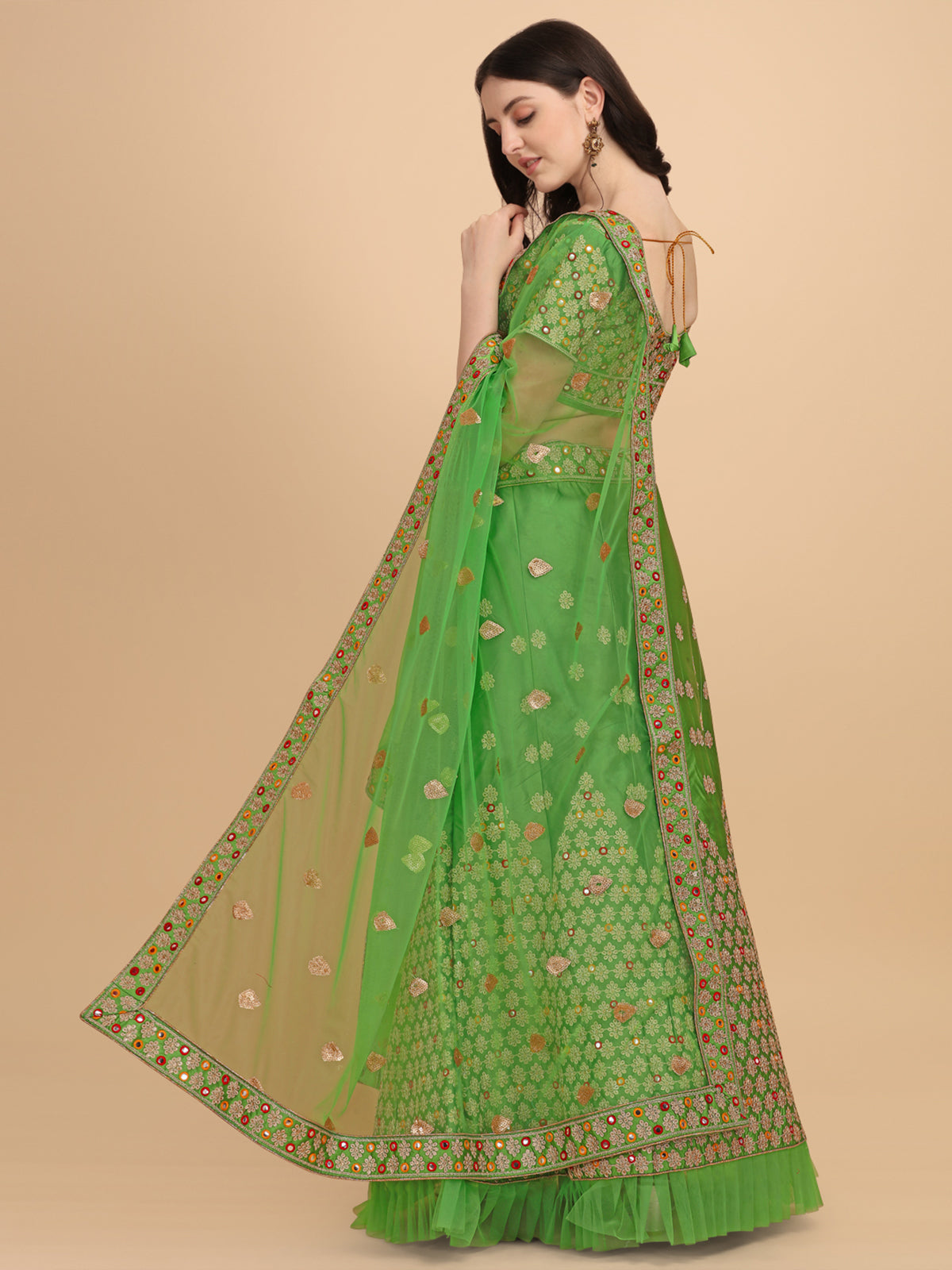 Mirror Embroidery Work Light Green Color Lehenga Choli