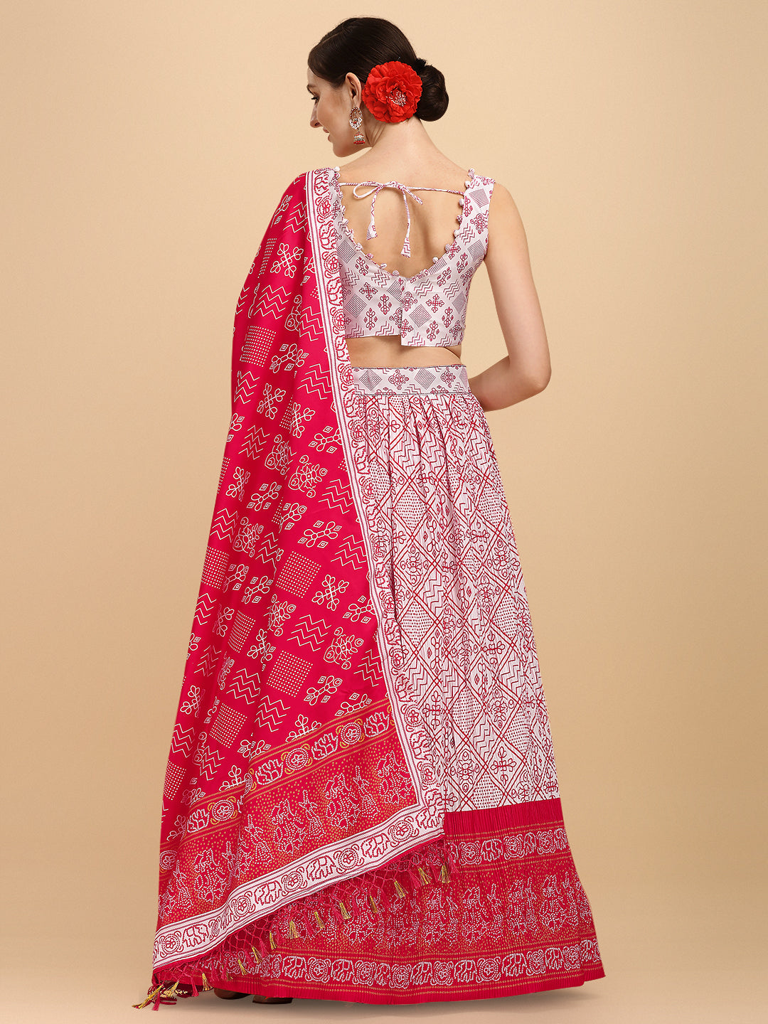 Digital Printed White & Pink Color Crushed Lehenga Choli