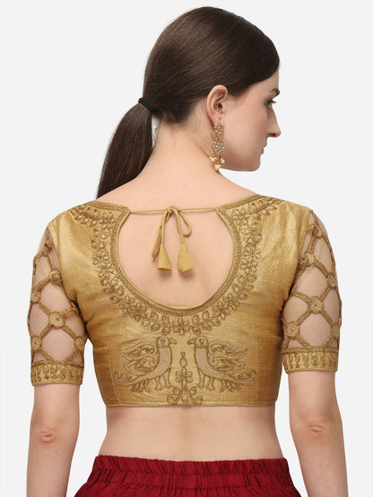 Beige & Gold-Coloured Embroidered Phantom Silk Blouse