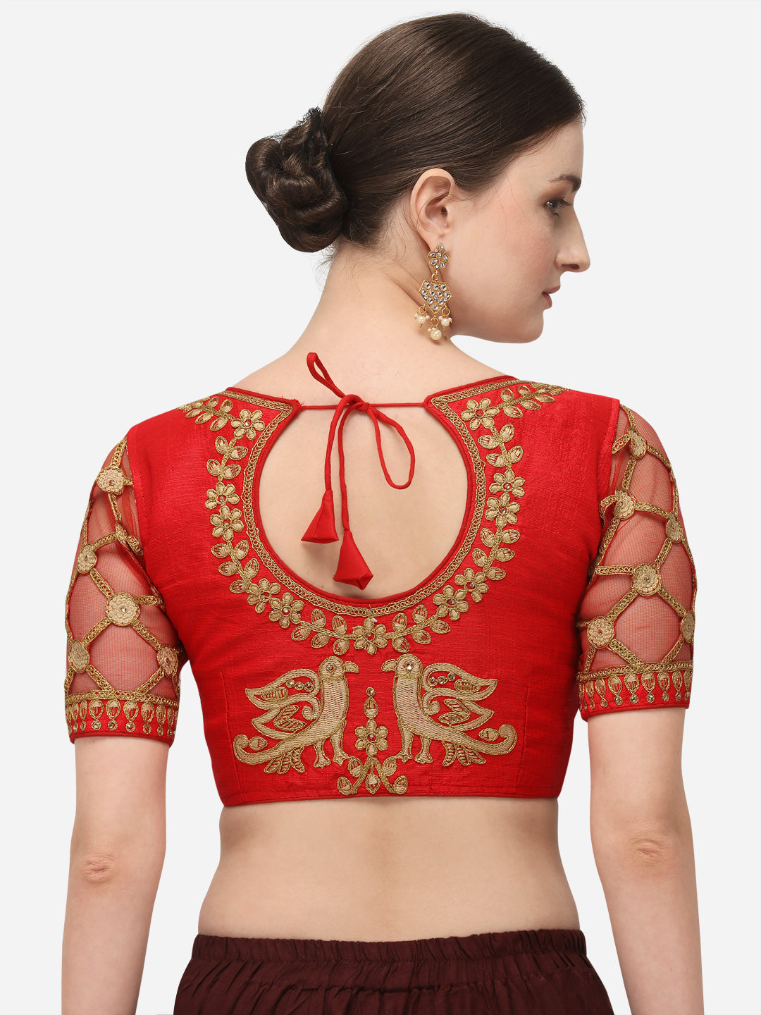 Red & Gold Color Embroidered Phantom Silk Blouse