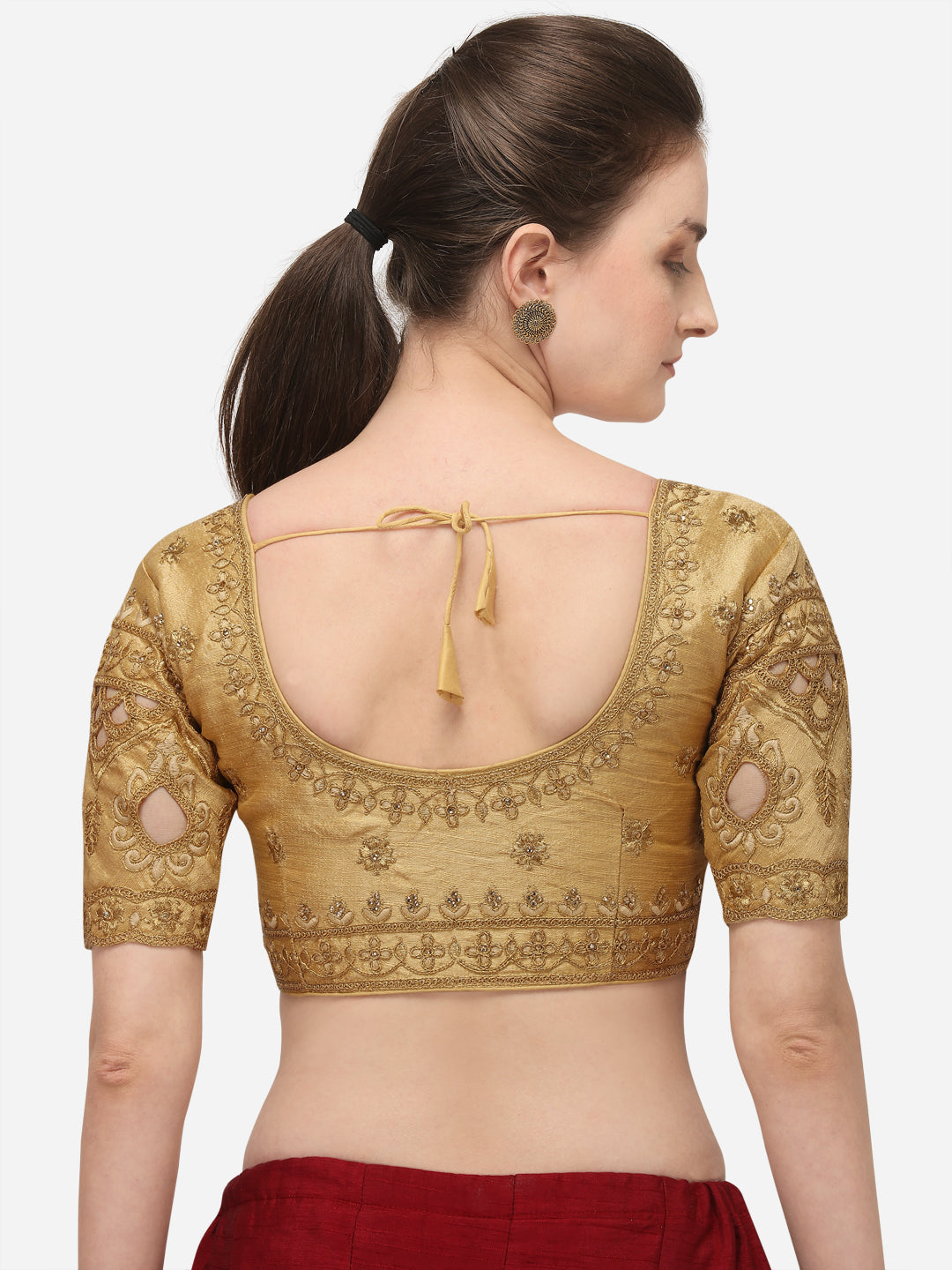 Beige Color Round Neck Embroidery Work Silk Blouse