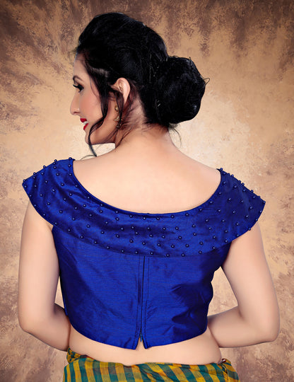 Trendy Blue Moti Work Stitched Malabari Silk Blouse