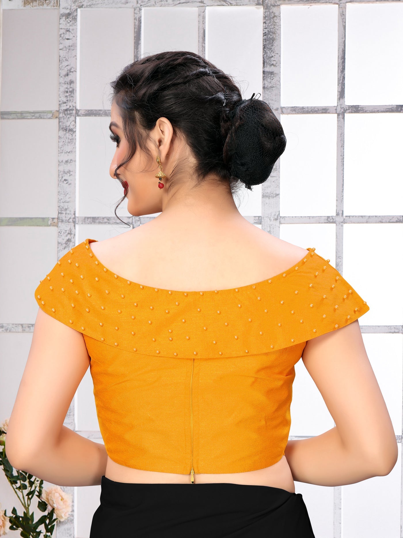 Trendy Yellow Moti Work Stitched Malabari Silk Blouse