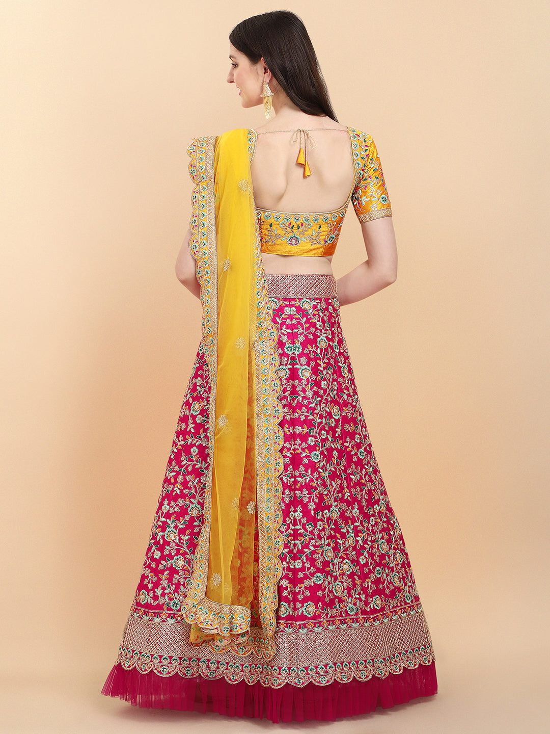 Presenting Pink And Yellow Color Embroidered Work Lehenga Choli