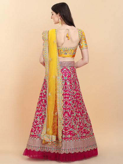 Presenting Pink And Yellow Color Embroidered Work Lehenga Choli