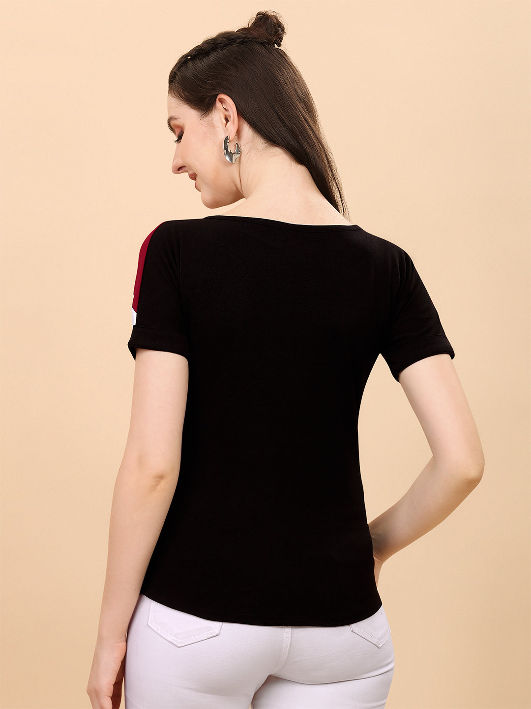 Round Neck Black And Maroon Regular Fit Top