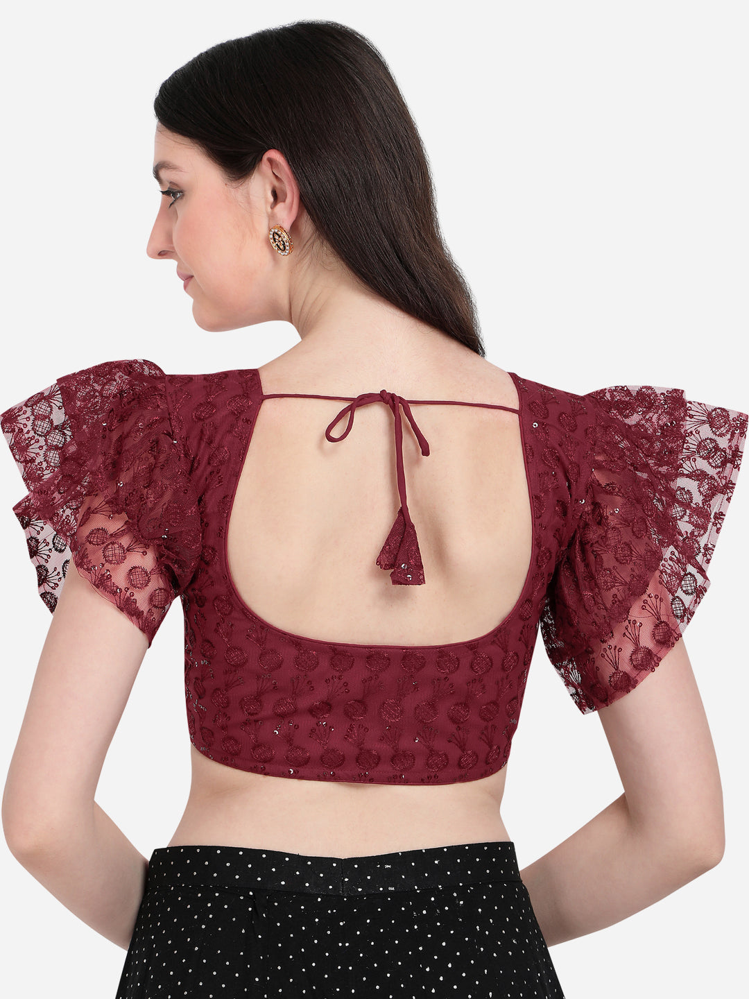 Gorgeous Maroon Color Sequence Work Ruffle Style Blouse