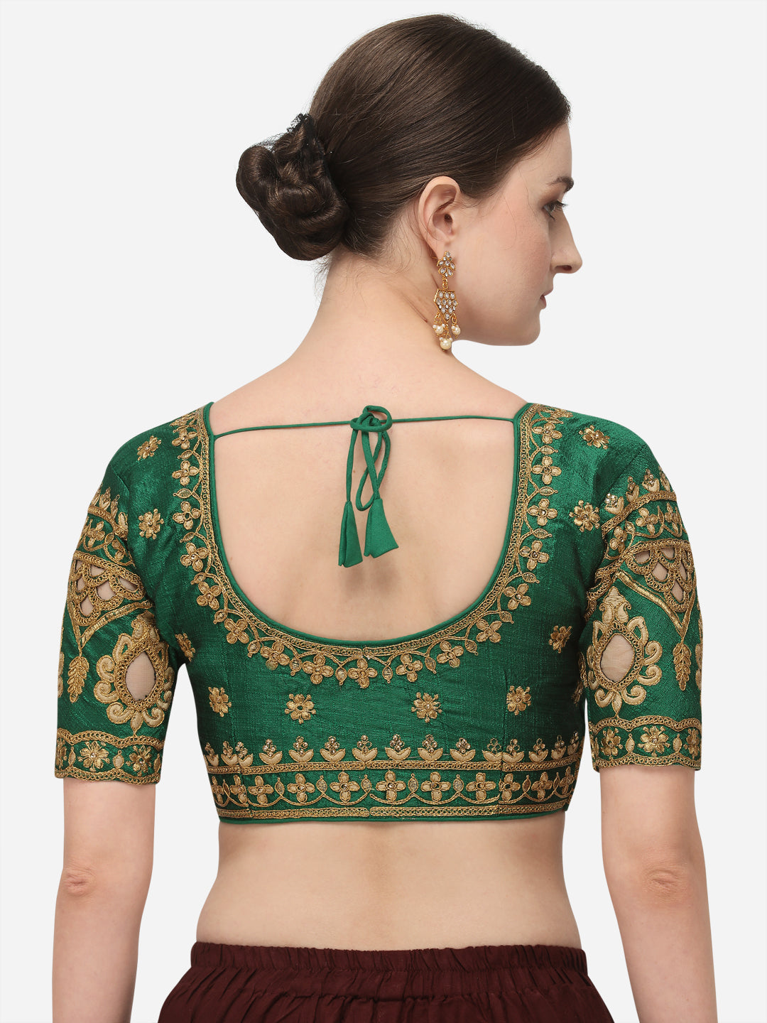 Green Color Round Neck Embroidery Work Silk Blouse