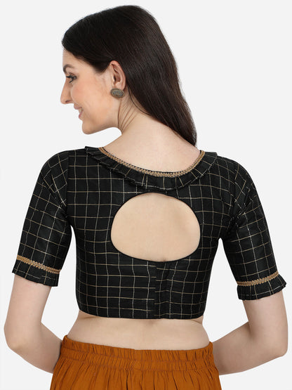 Trendy Black Color Jacquard Work Checkered Pattern Blouse