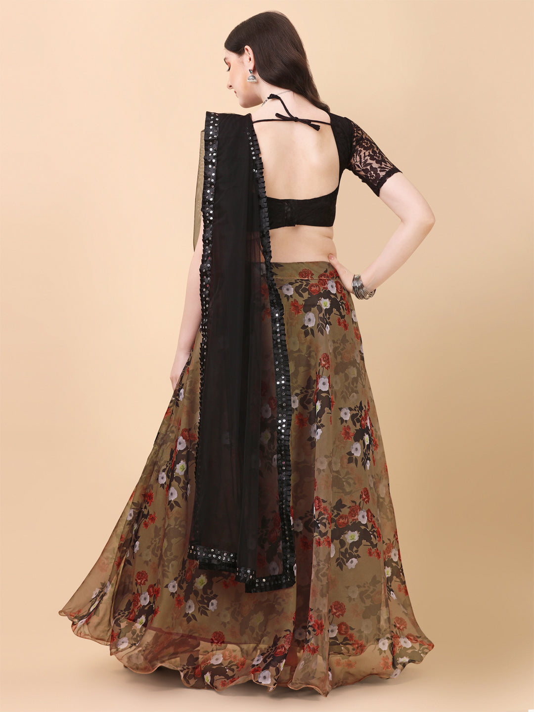 Flower Printed Brown Color Organza Lehenga Choli