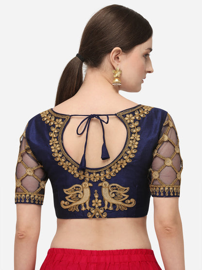 Navy Blue & Gold Color Embroidered Phantom Silk Blouse