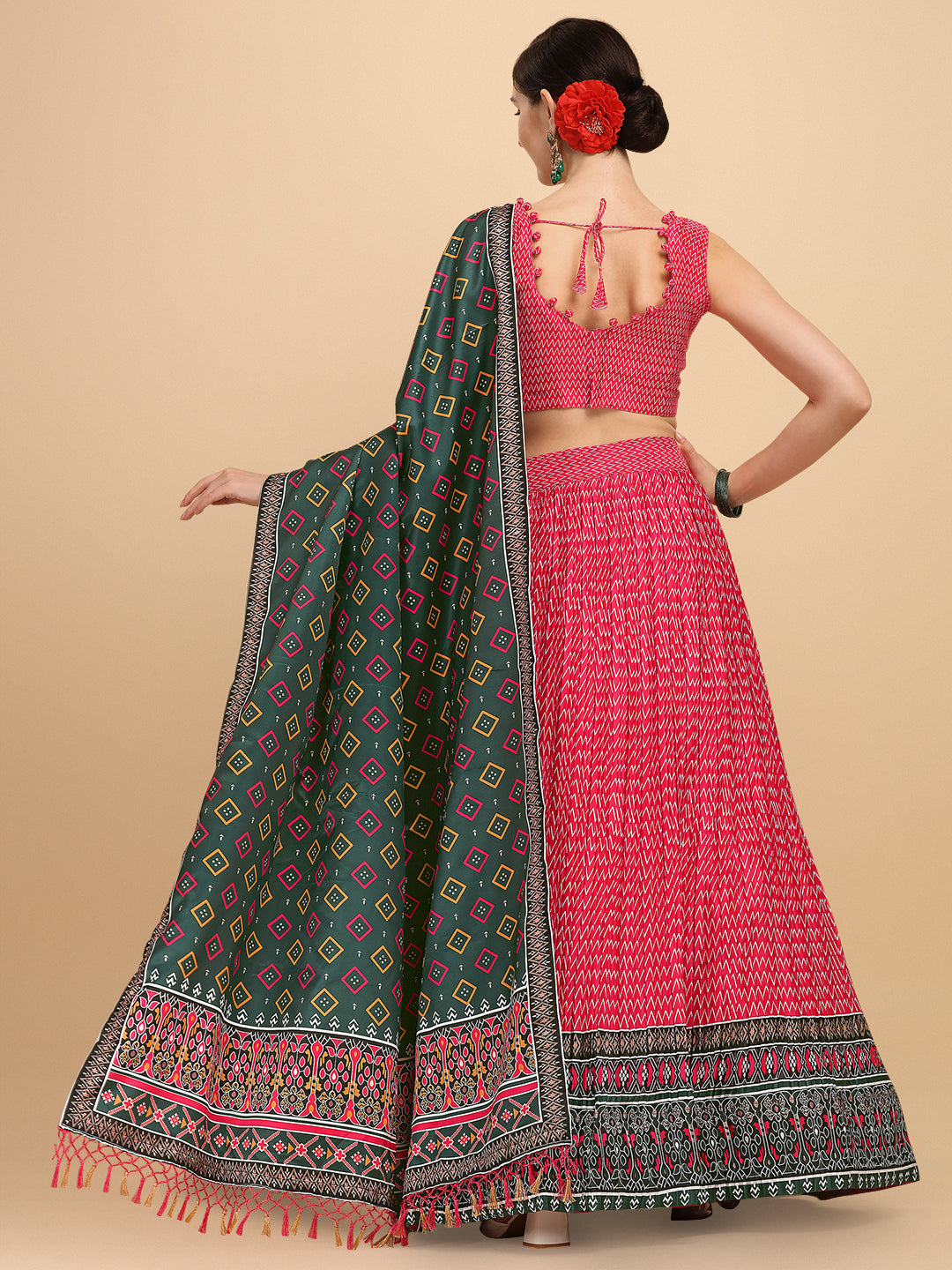 Digital Printed Pink & Dark Green Color Crushed Lehenga Choli