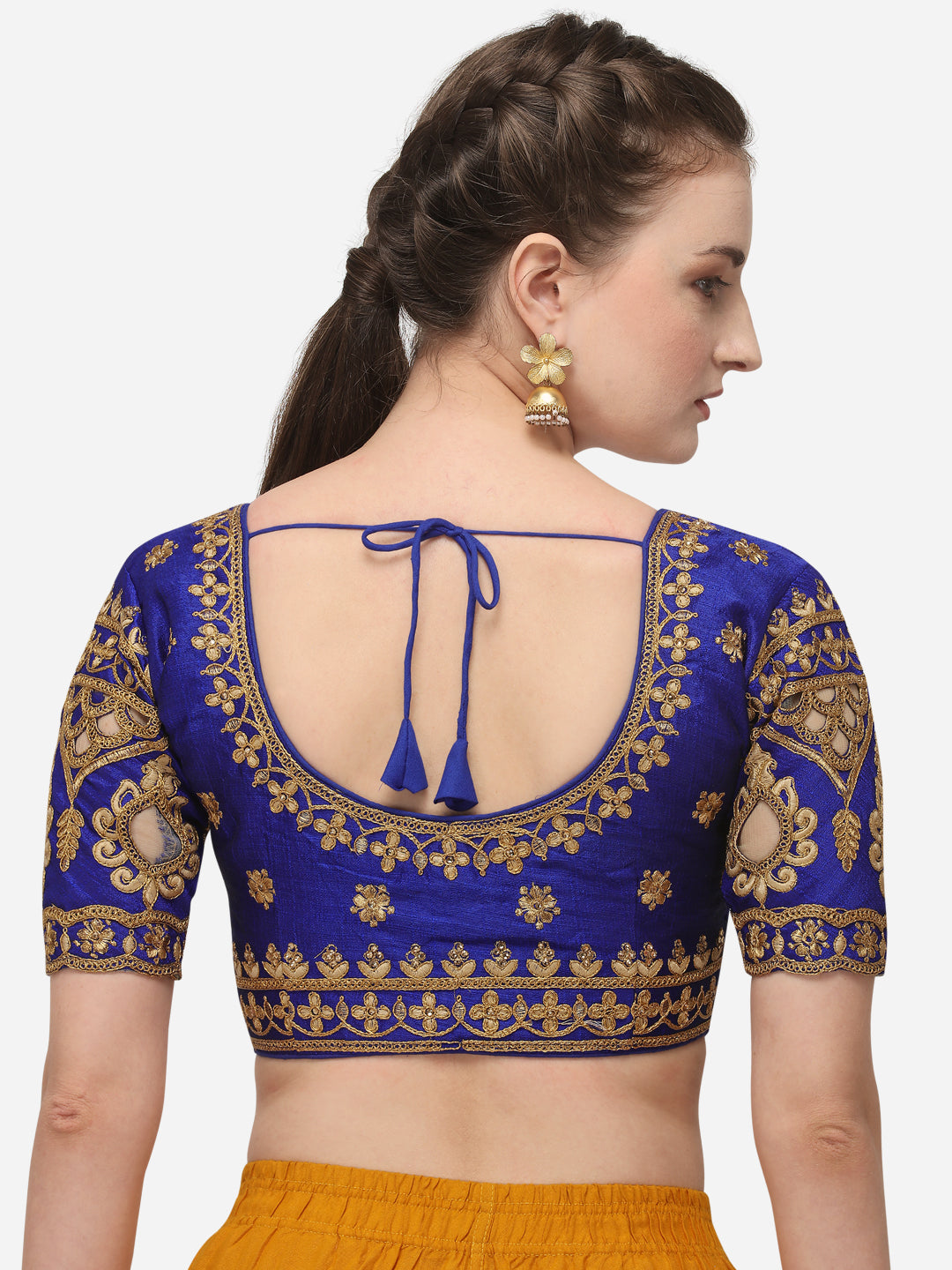 Blue Color Round Neck Embroidery Work Silk Blouse