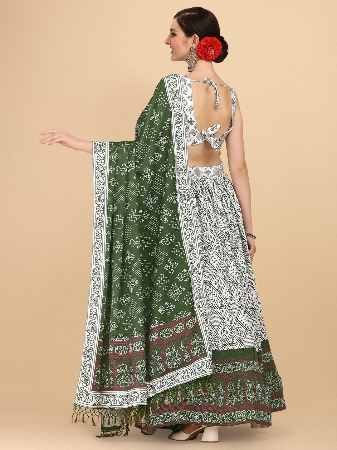 Digital Printed White & Green Color Crushed Lehenga Choli