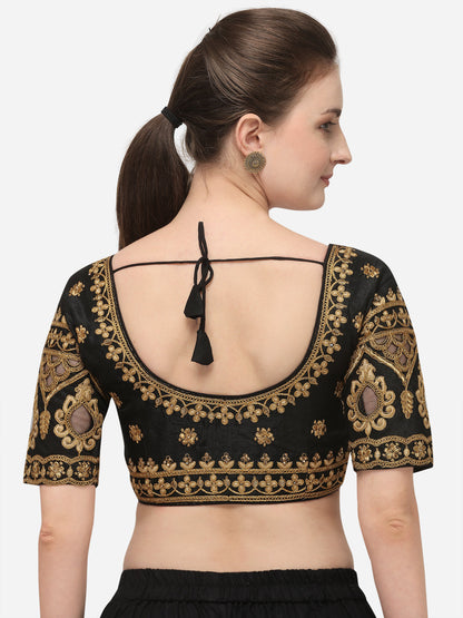 Black Color Round Neck Embroidery Work Silk Blouse