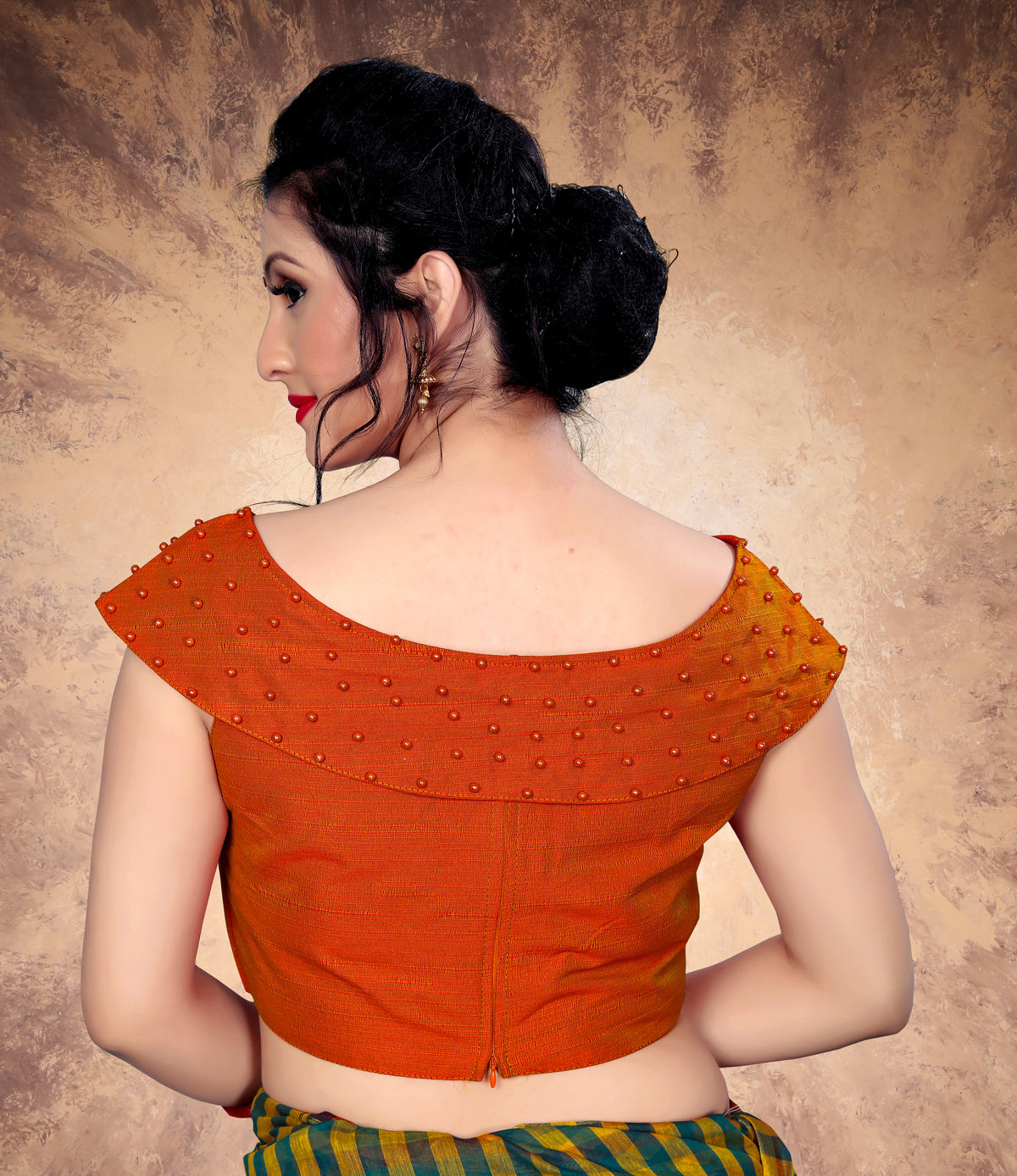 Trendy Orange Moti Work Stitched Malabari Silk Blouse