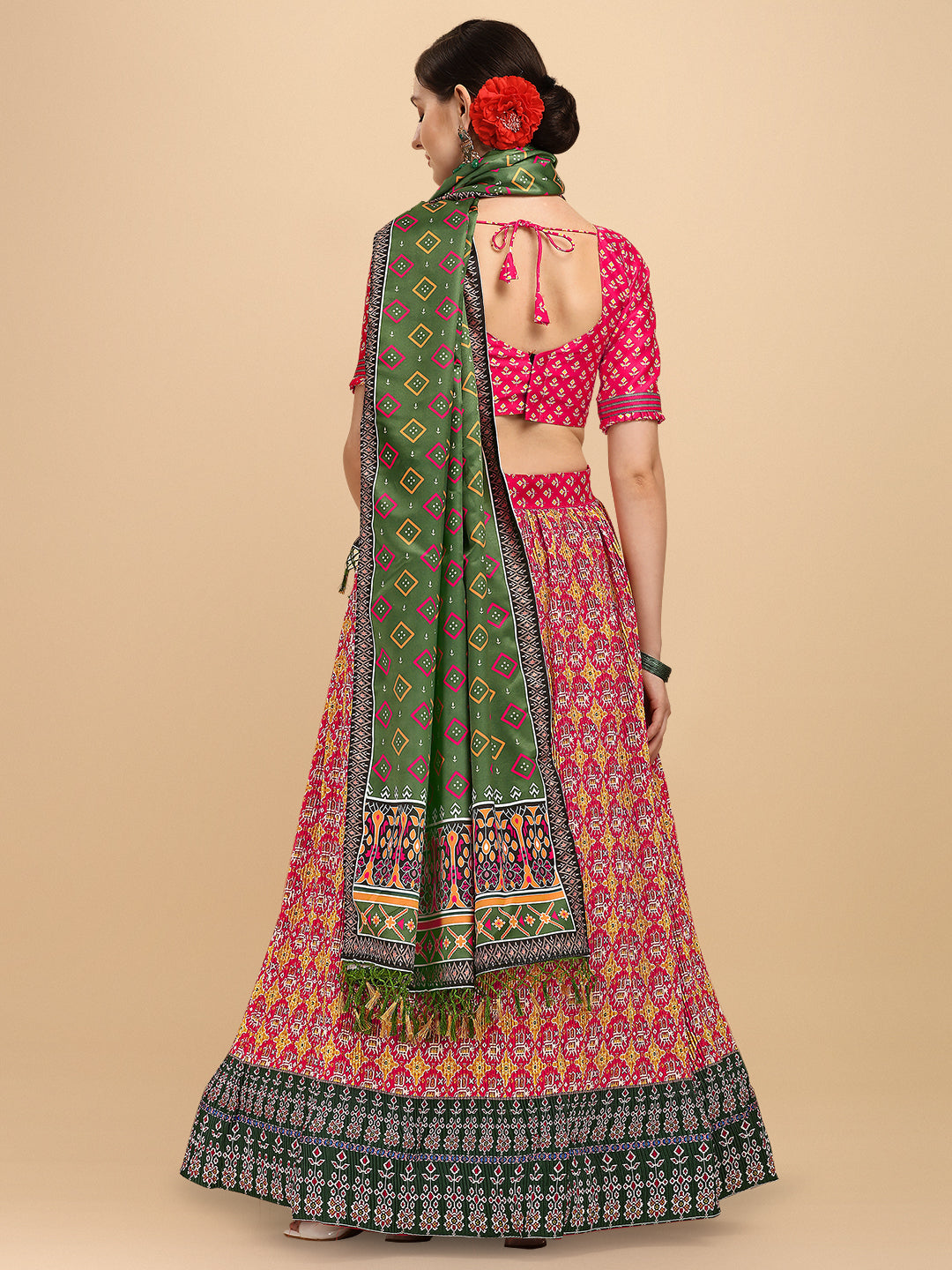 Digital Printed Pink & Olive Green Color Crushed Lehenga Choli