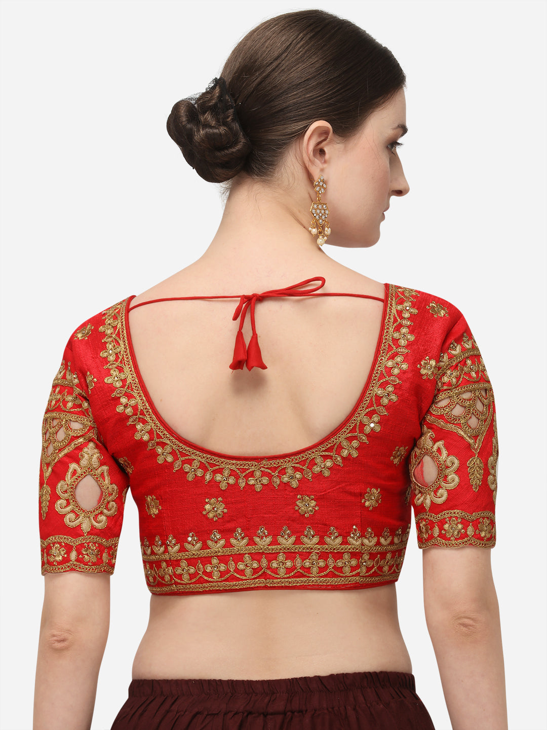 Red Color Round Neck Embroidery Work Silk Blouse