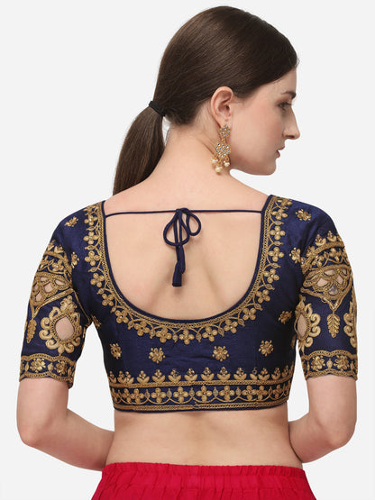 Navy Blue Color Round Neck Embroidery Work Silk Blouse