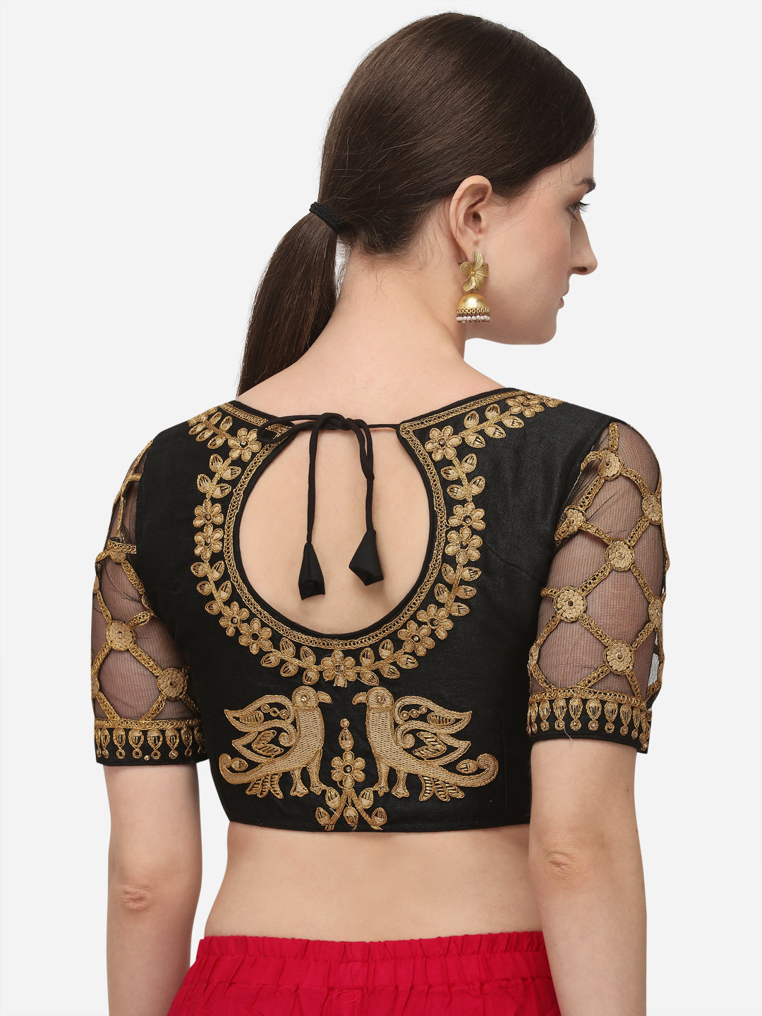 Black & Gold Color Embroidered Phantom Silk Blouse