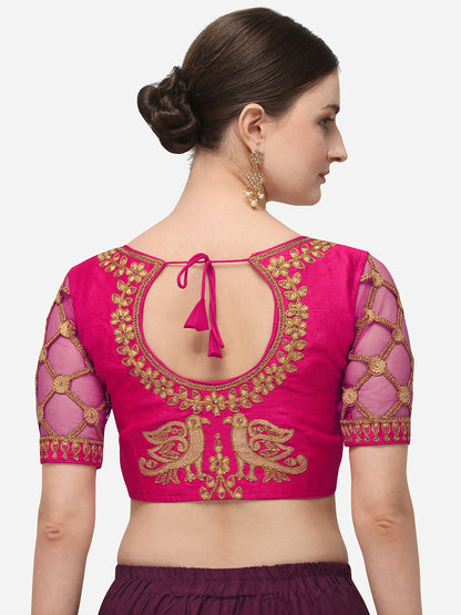 Pink & Gold Color Embroidered Phantom Silk Blouse