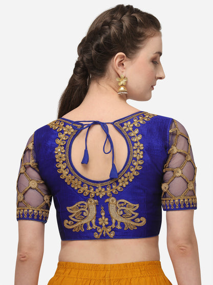 Blue & Gold Color Embroidered Phantom Silk Blouse