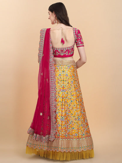 Stunning Yellow And Pink Color Embroidered Work Lehenga Choli