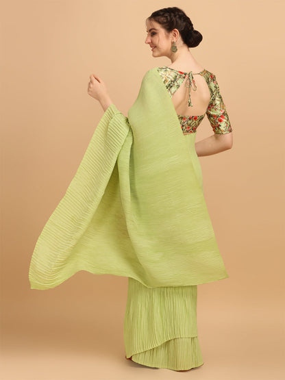 Party Wear Pista Color Pleated Saree