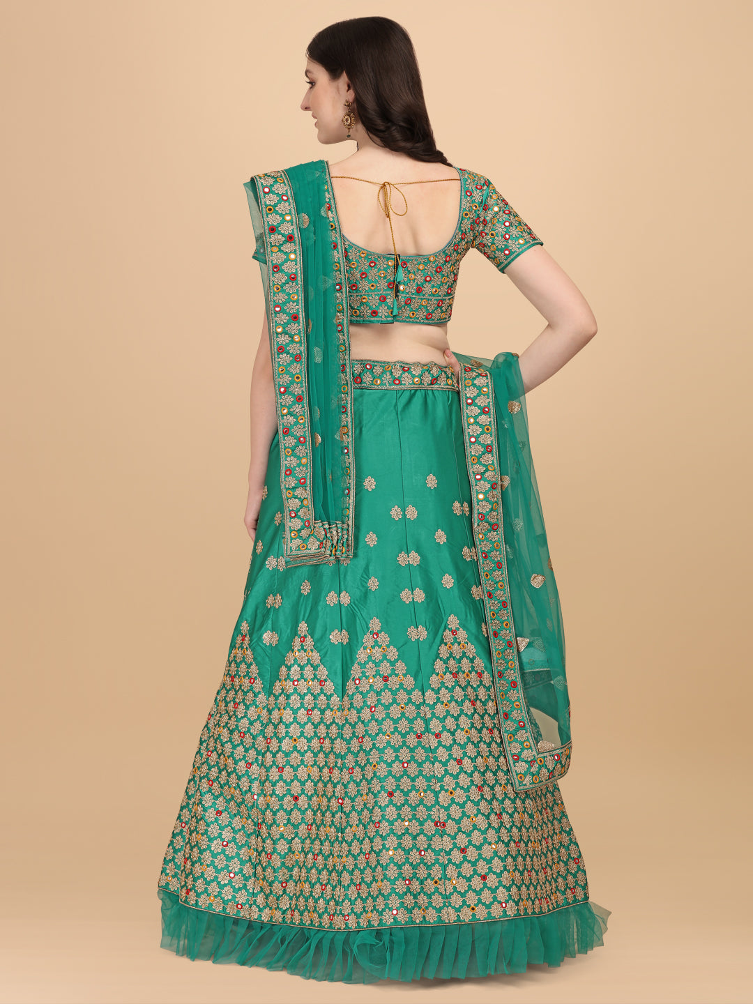 Mirror Embroidery Work Green Color Lehenga Choli