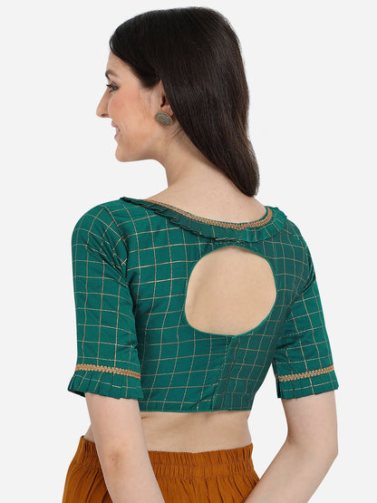 Trendy Green Color Jacquard Work Checkered Pattern Blouse