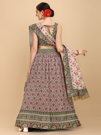 Digital Printed Light Green Color Crushed Lehenga Choli