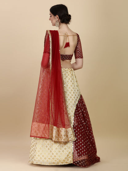 Unique Beige And Maroon Color Satin With Net Lehenga Choli