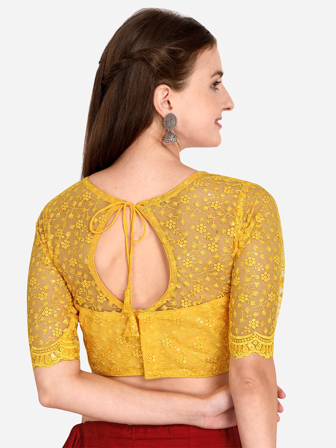 Stylish Yellow Color Embroidered & Sequence Work Net Blouse