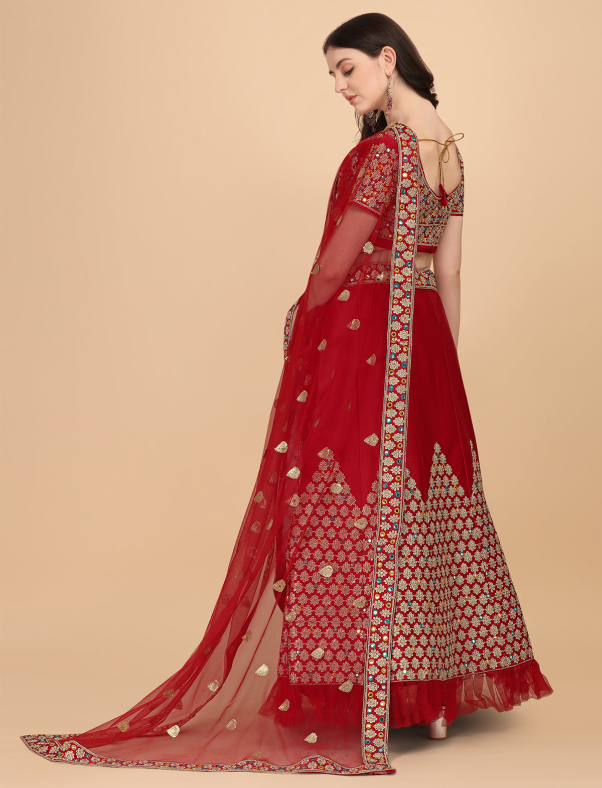 Mirror Embroidery Work Red Color Lehenga Choli